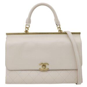 Chanel Coco Luxe Flap Quilted Lambskin Leather Top Handle Shoulder Bag Off White
